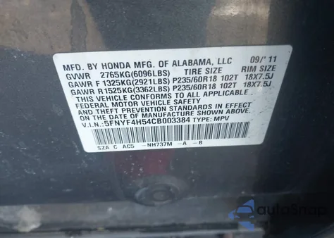 2012 Honda Pilot Ex-L from USA, damaged, VIN 5FNYF4H54CB003384